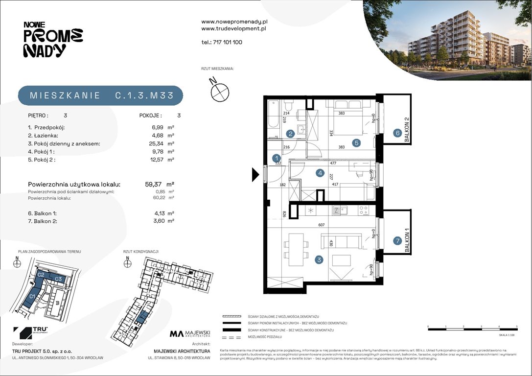Nowe mieszkanie trzypokojowe Nowe Promenady Wrocław, Kleczków, ul. Czochralskiego/ Miłosza  59m2 Foto 1
