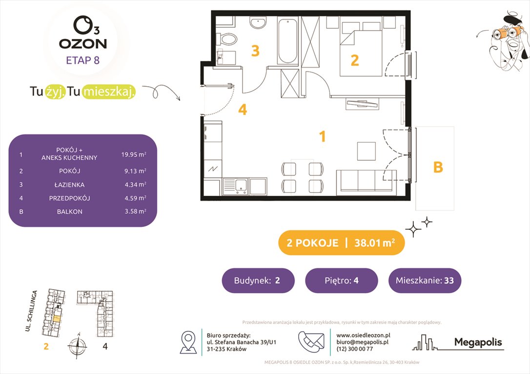 Nowe mieszkanie dwupokojowe Osiedle Ozon etap 8 Kraków, Prądnik Biały, Schillinga 2-4  38m2 Foto 1