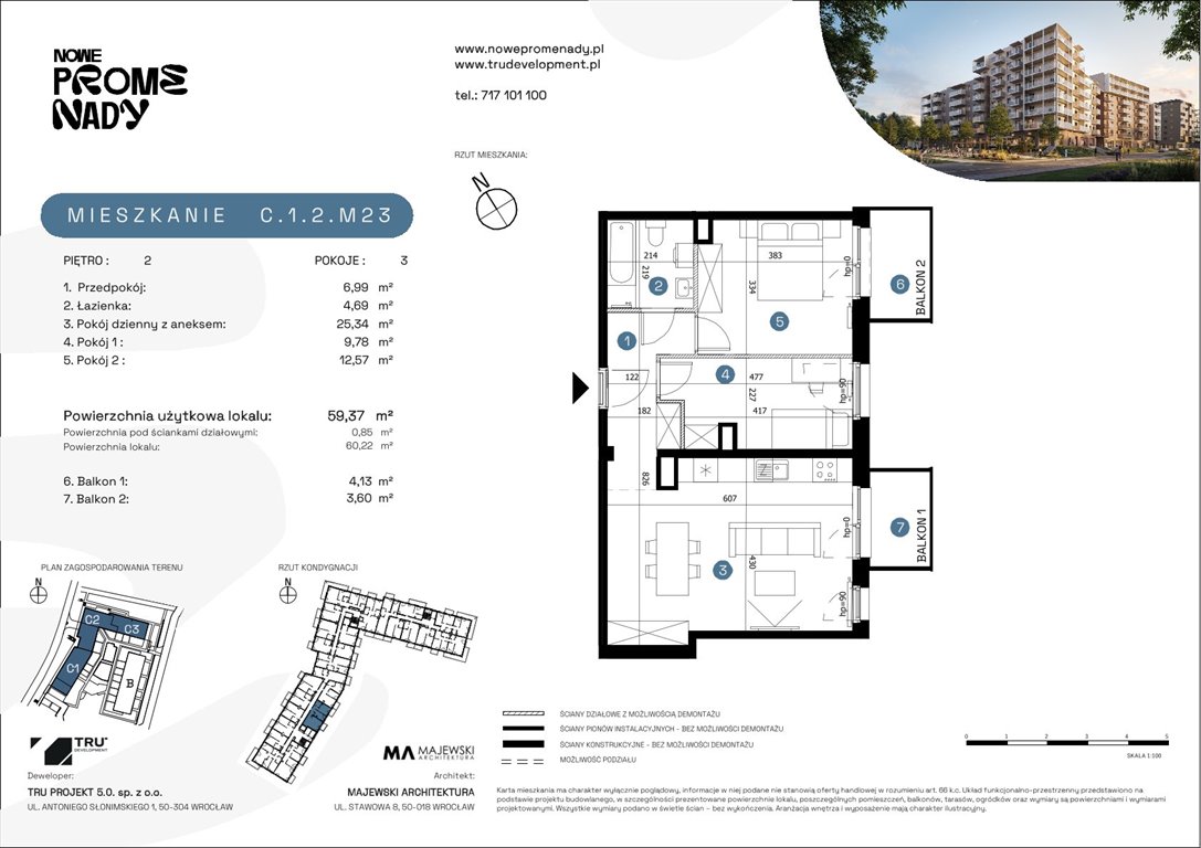 Nowe mieszkanie trzypokojowe Nowe Promenady Wrocław, Kleczków, ul. Czochralskiego/ Miłosza  59m2 Foto 1