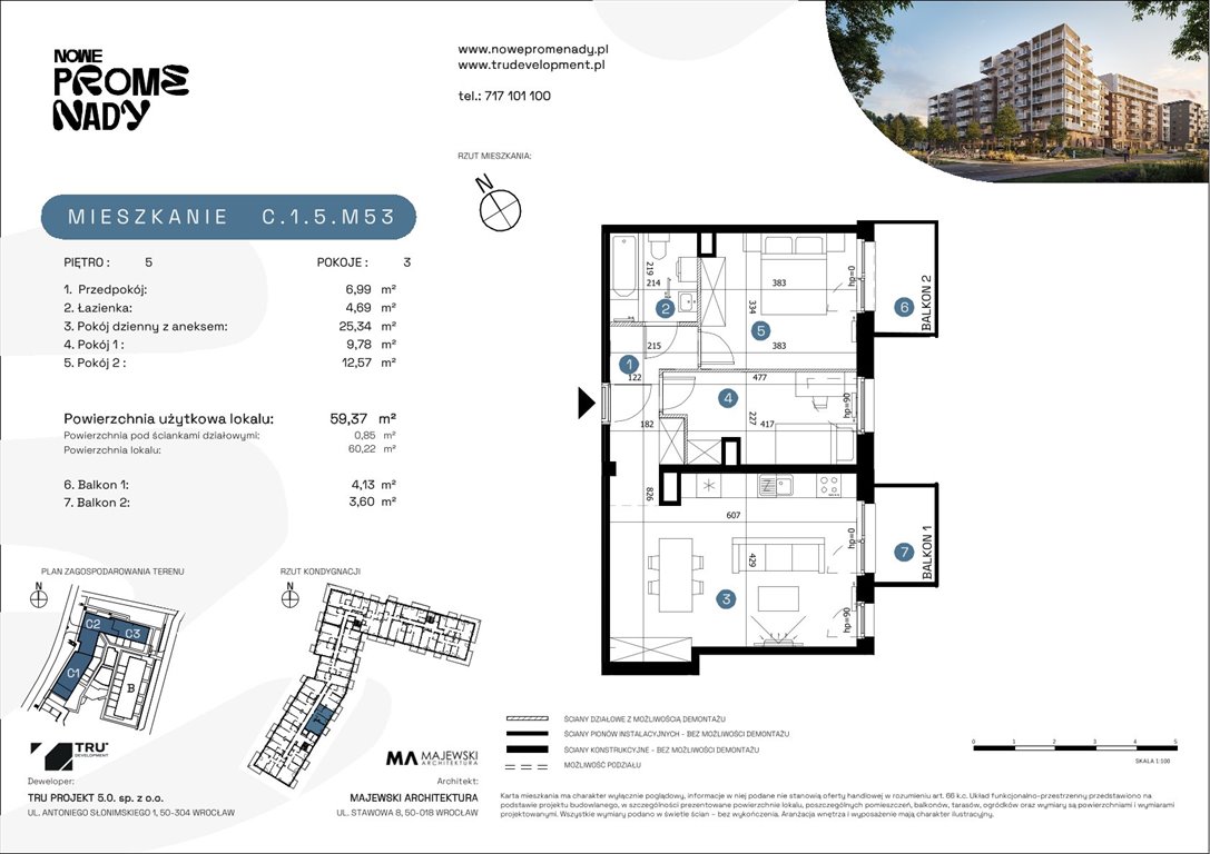 Nowe mieszkanie trzypokojowe Nowe Promenady Wrocław, Kleczków, ul. Czochralskiego/ Miłosza  59m2 Foto 1