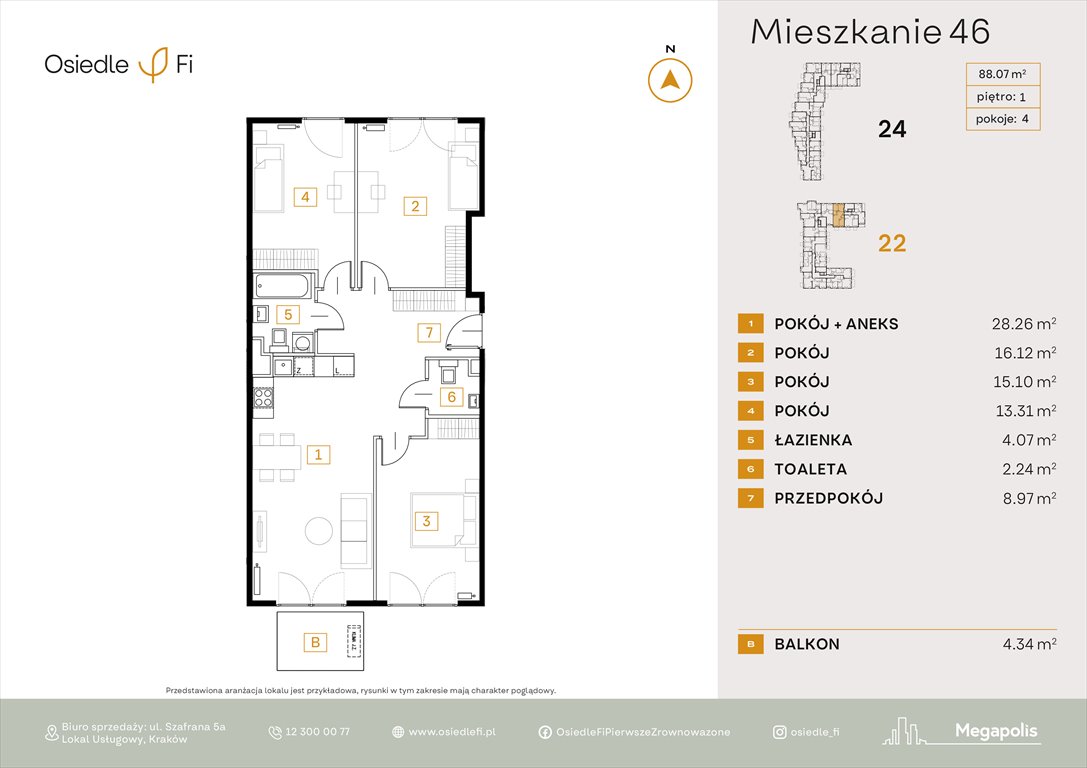 Nowe mieszkanie czteropokojowe  Osiedle FI 3 Kraków, Rzemieślnicza 22-24  88m2 Foto 1
