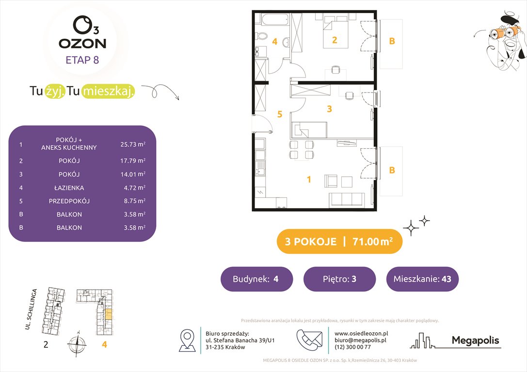 Nowe mieszkanie trzypokojowe Osiedle Ozon etap 8 Kraków, Schillinga 2-4  71m2 Foto 1