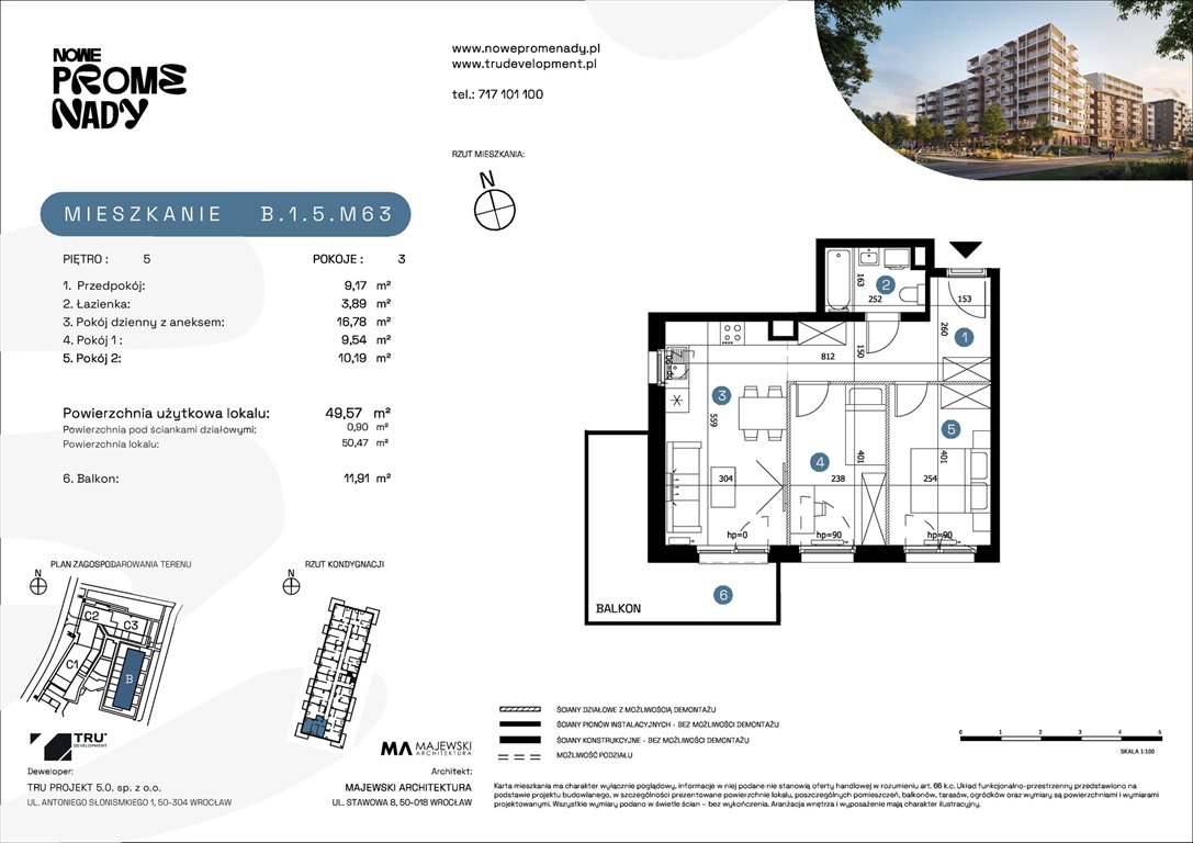Nowe mieszkanie trzypokojowe Nowe Promenady Wrocław, Kleczków, ul. Czochralskiego/ Miłosza  50m2 Foto 1