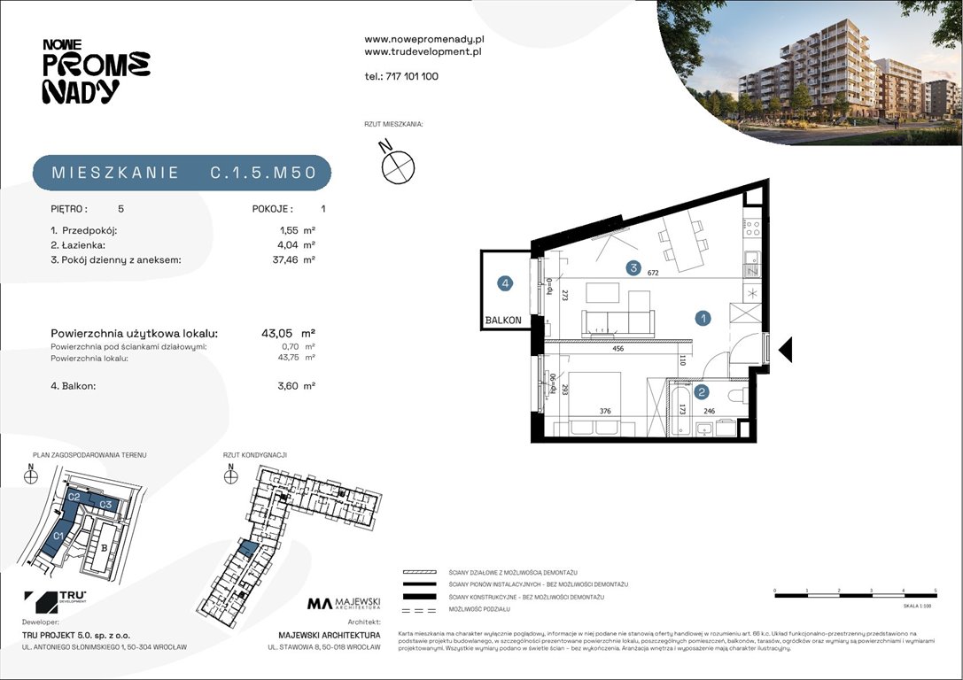 Nowa kawalerka Nowe Promenady Wrocław, Kleczków, ul. Czochralskiego/ Miłosza  43m2 Foto 1