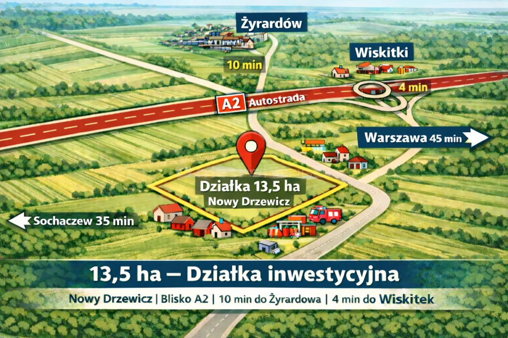 Działka 13,5 ha z potencjałem inwestycyjnym i blisko CPK Nowy Drzewicz  135 000m2 Foto 1