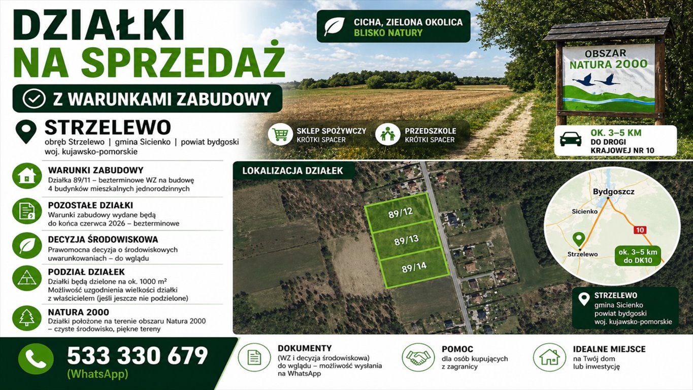 Działki na sprzedaż w Strzelewie – 1000 m², media, las, blisko Bydgoszczy Strzelewo  1 000m2 Foto 1