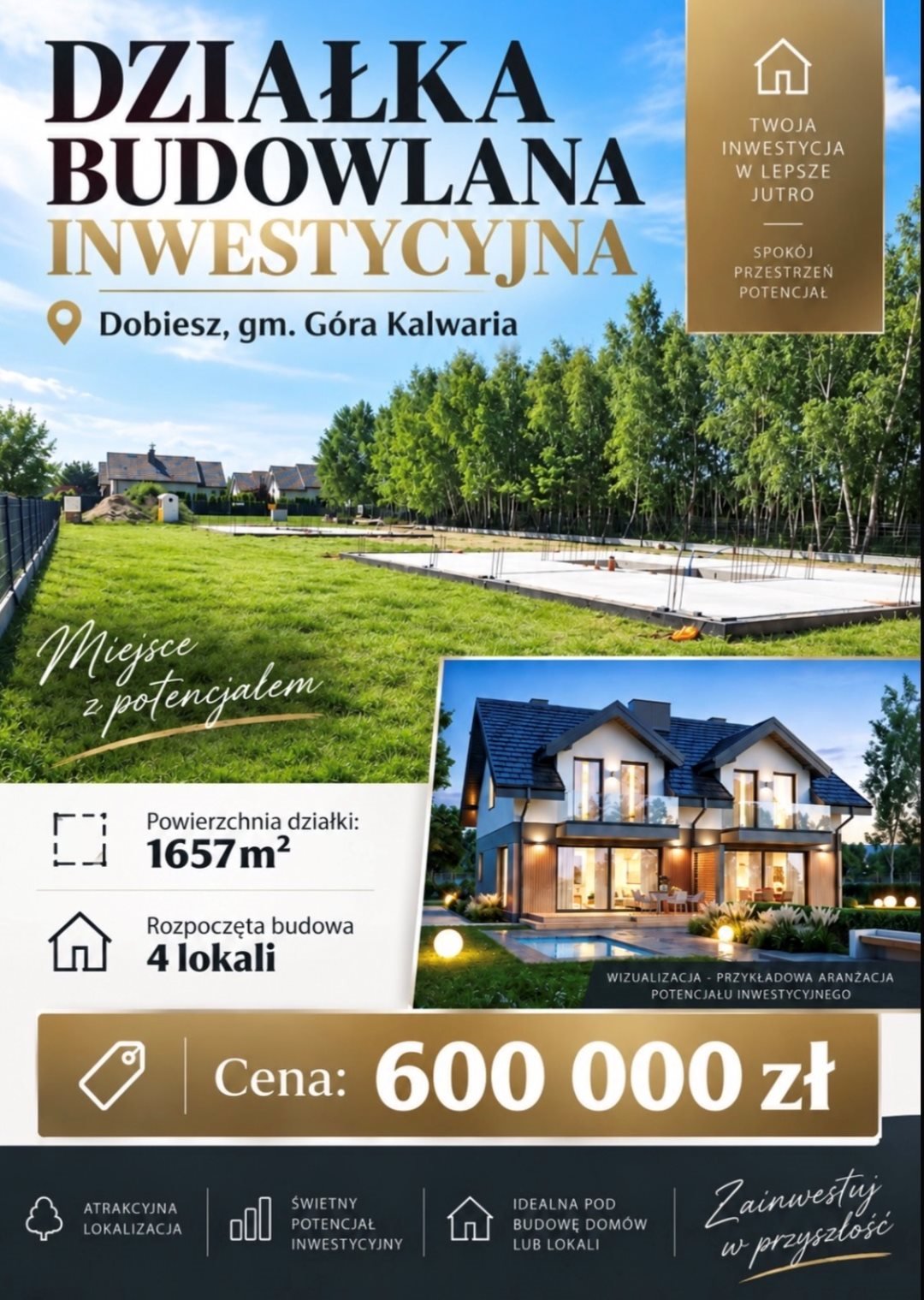 Do sprzedania działka 1657 m² z rozpoczętą budową 4 lokali: Góra Kalwaria