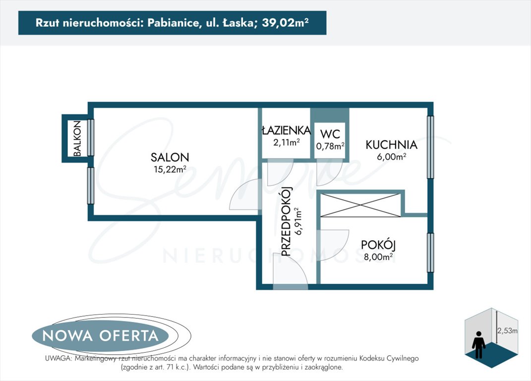 Mieszkanie dwupokojowe na sprzedaż Pabianice, Łaska  39m2 Foto 6