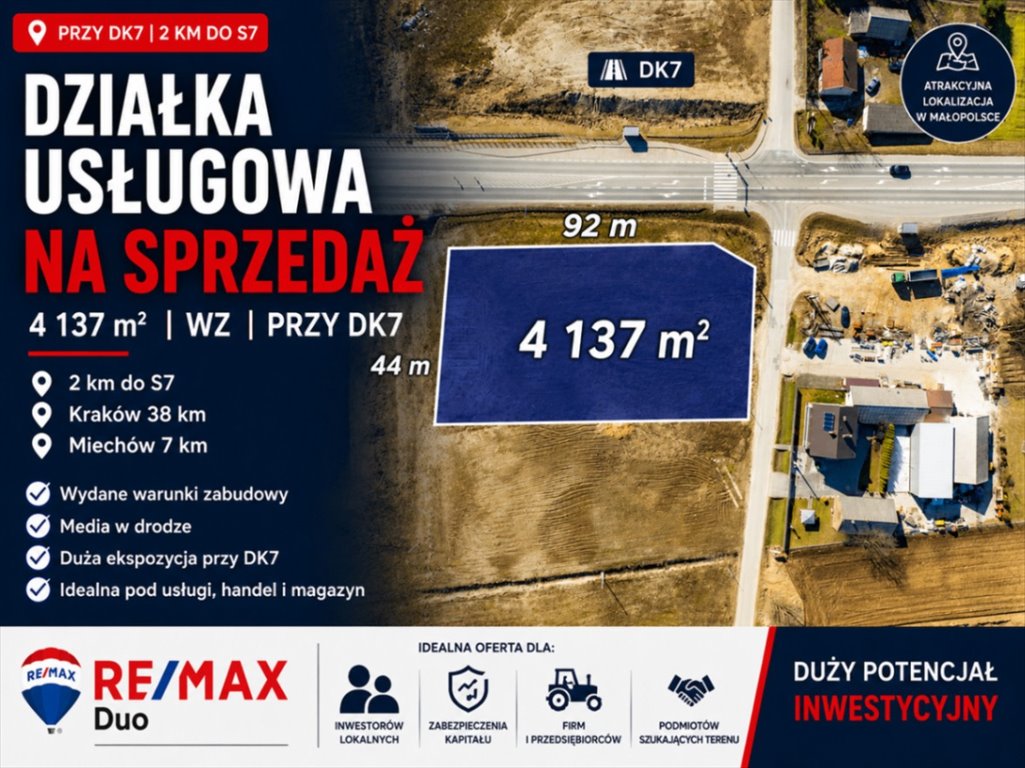 Działka usługowa przy DK7 z warunkami zabudowy i mediami Miechowski  1m2 Foto 1