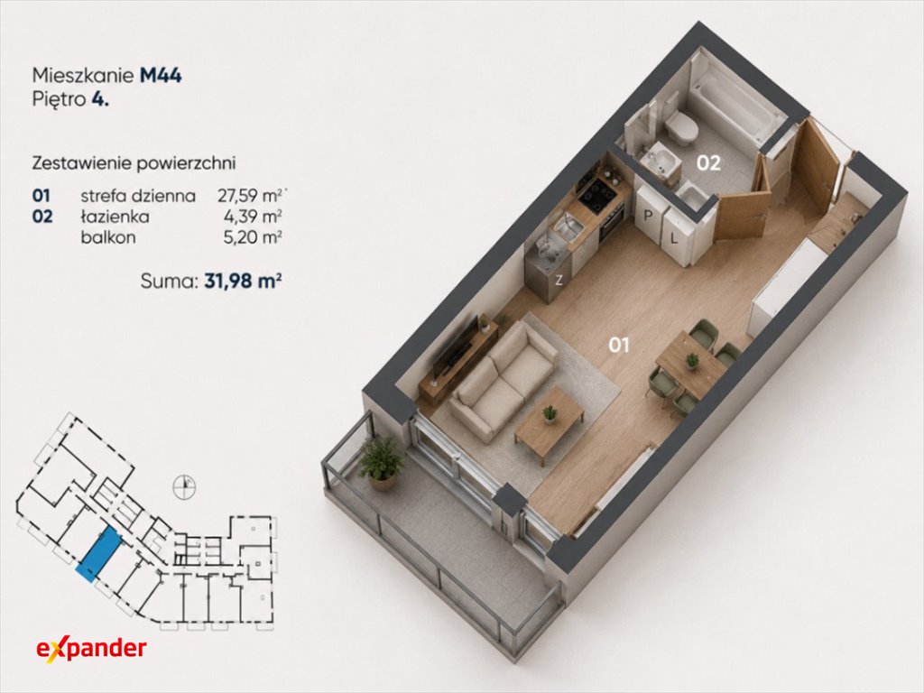 Polecam nowoczesne 31,98 m² mieszkanie z balkonem i garażem Nowa Dęba  32m2 Foto 1