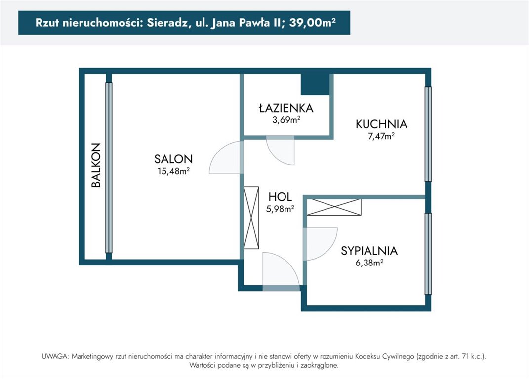Mieszkanie dwupokojowe na wynajem Sieradz, Jana Pawła II  39m2 Foto 5
