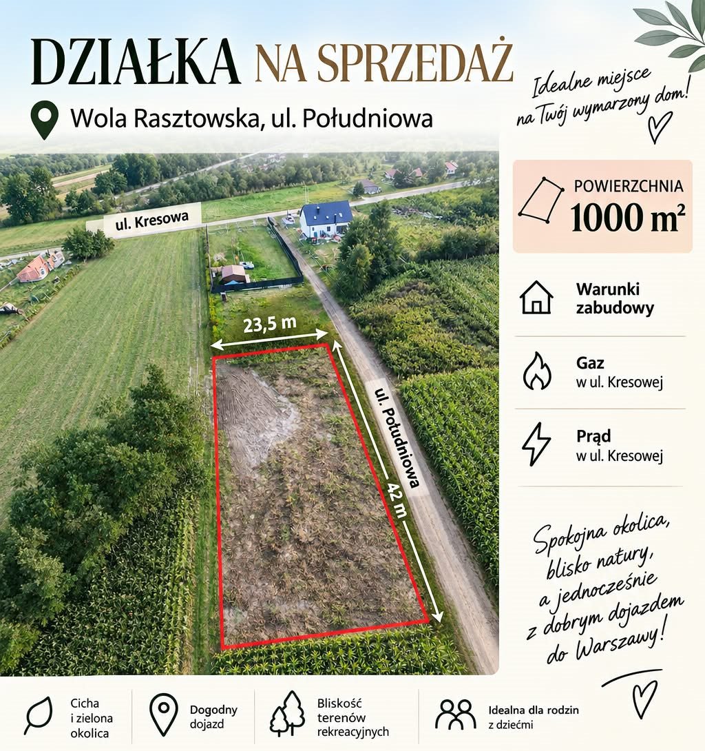 Działka 1000 m² z warunkami zabudowy w Woli Rasztowskiej Wola Rasztowska, Południowa  1 000m2 Foto 1