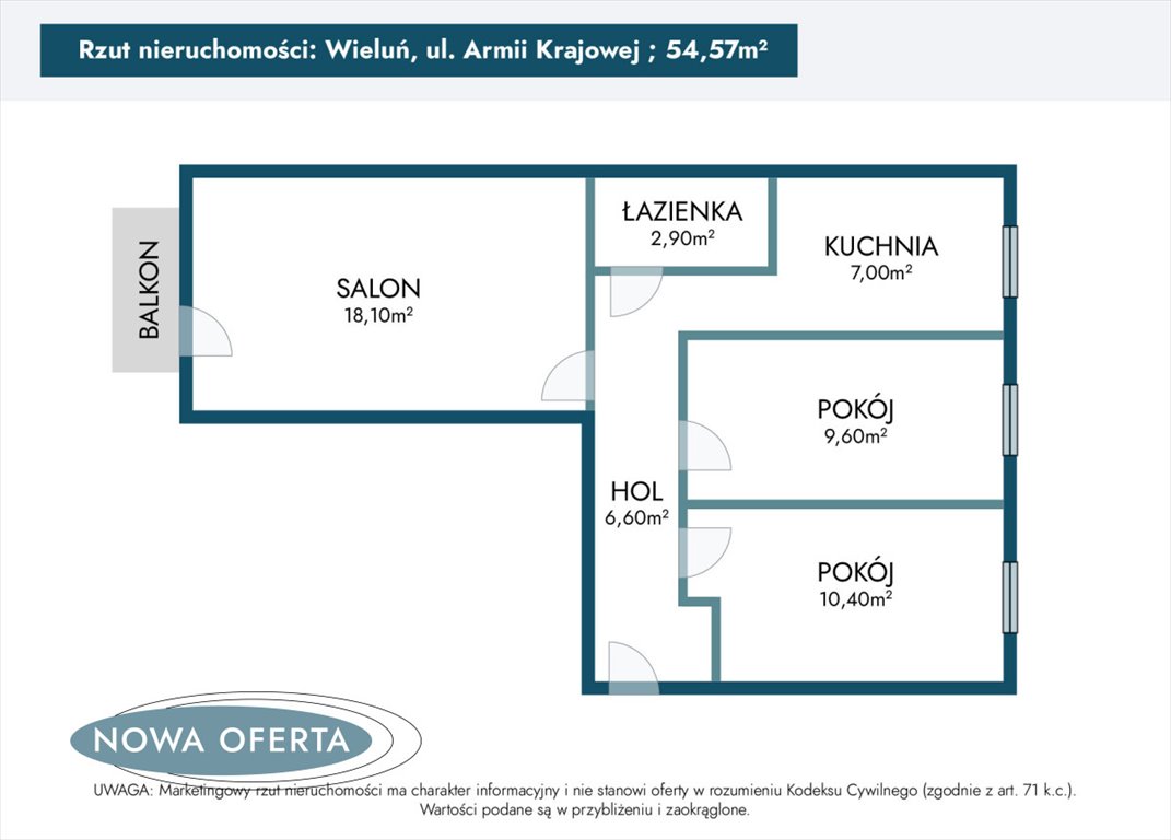 Mieszkanie trzypokojowe na sprzedaż Wieluń, Armii Krajowej  55m2 Foto 4