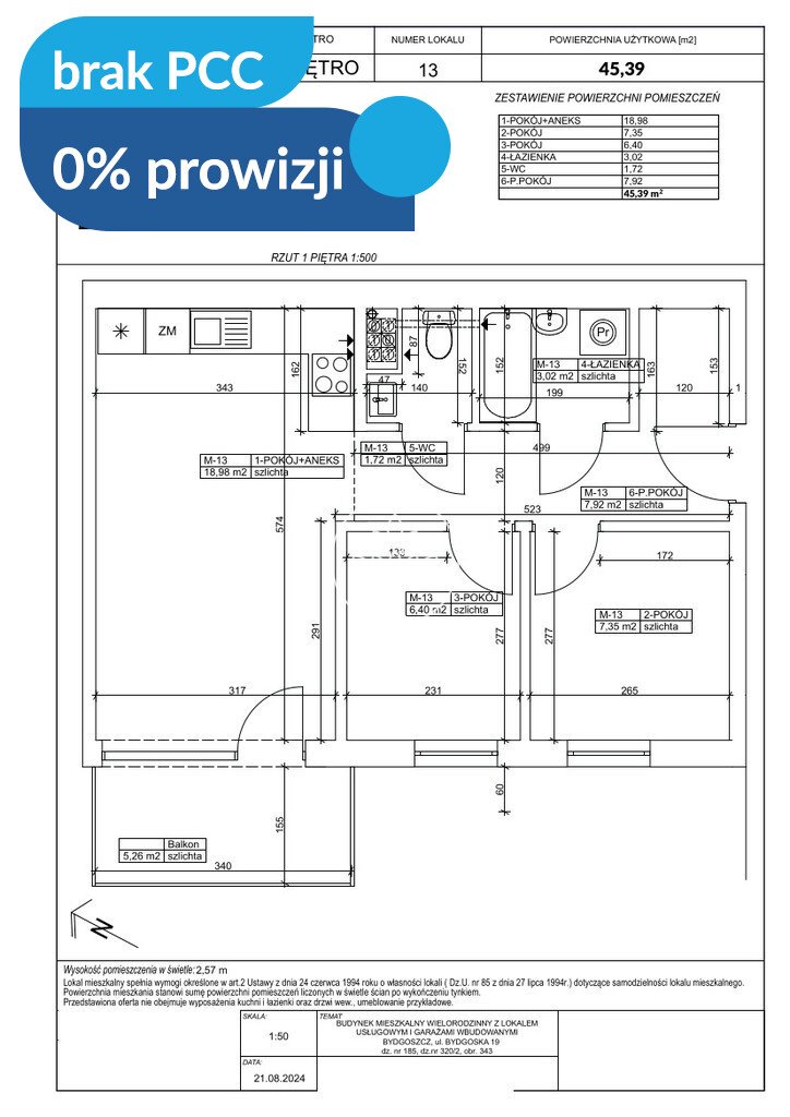 Przestronne 2-pokojowe mieszkanie z balkonem i widokiem na Wisłę. Bydgoszcz, Fordon, Bydgoska  45m2 Foto 1