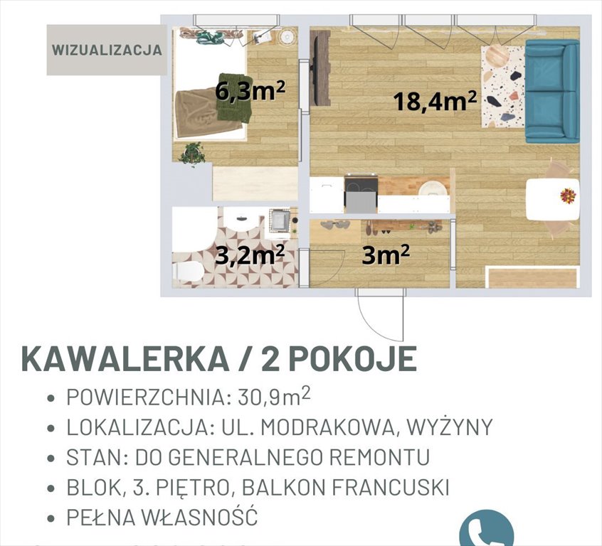 Kawalerka na sprzedaż Bydgoszcz, Wyżyny, Modrakowa  31m2 Foto 1