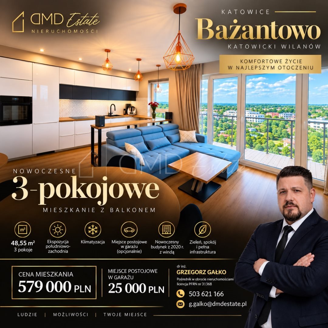 Na sprzedaż nowoczesne 3-pokojowe mieszkanie 48,55 m² z balkonem i klimatyzacją Katowice, Bażantowo, Bażantowo  49m2 Foto 1