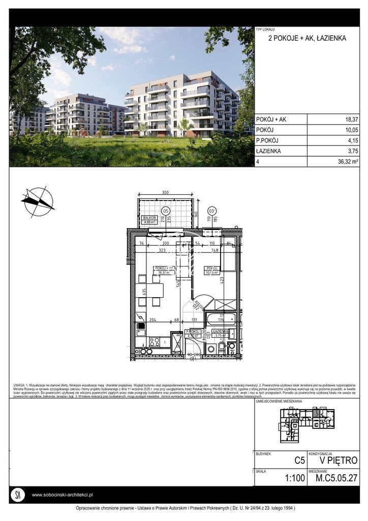 Przestronne 2-pokojowe mieszkanie 36,32 m2 w Fordonie Bydgoszcz, Fordon, Fordońska  36m2 Foto 1