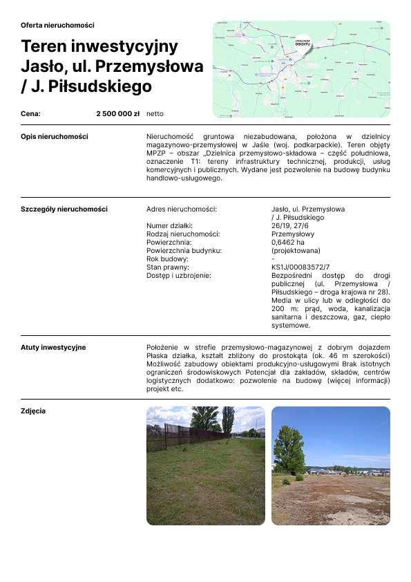 Działka przemysłowa 6,46 ha z pozwoleniem na budowę - polecam! Jasło  6 462m2 Foto 1
