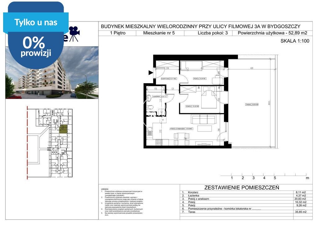Do sprzedania przestronne 3-pokojowe mieszkanie 52,91 m² w Bydgoszczy Bydgoszcz, Bartodzieje Małe, Filmowa  53m2 Foto 1