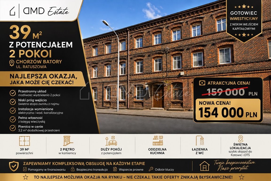 Mieszkanie 39 m² w Chorzowie - potencjał 2 pokoi i niski próg: Chorzów Batory