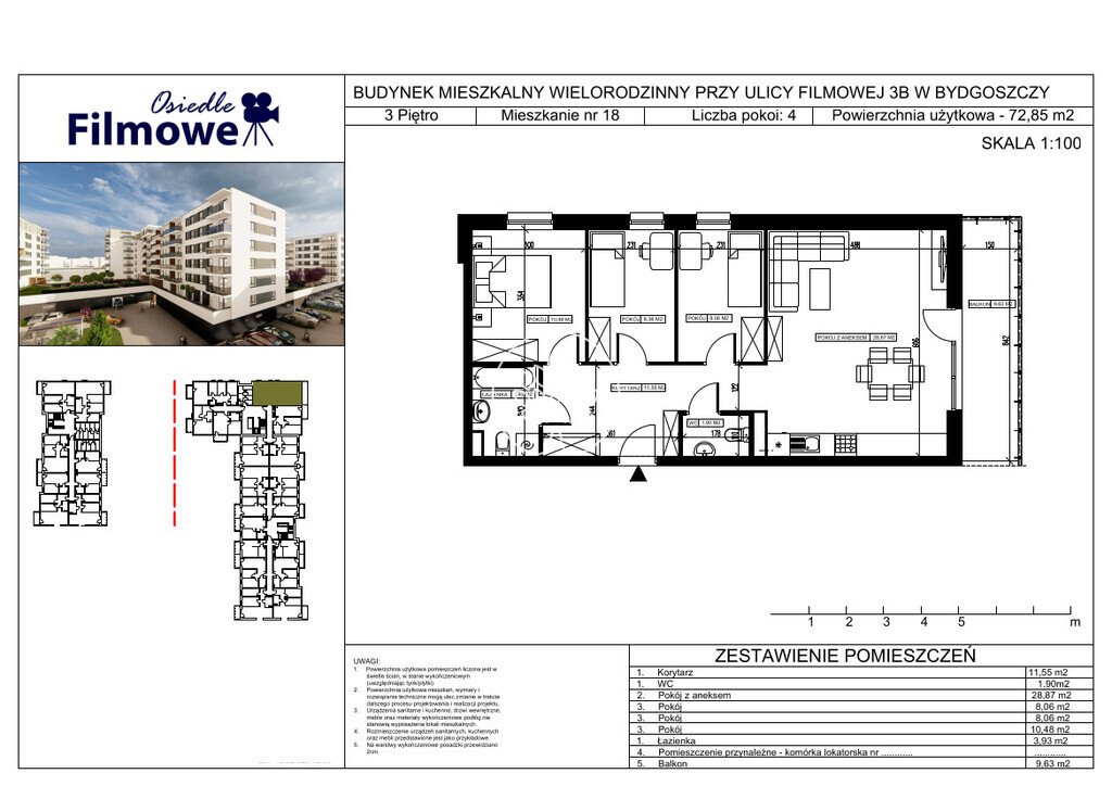 Mieszkanie czteropokojowe  na sprzedaż Bydgoszcz, Bartodzieje Małe, Filmowa  73m2 Foto 3