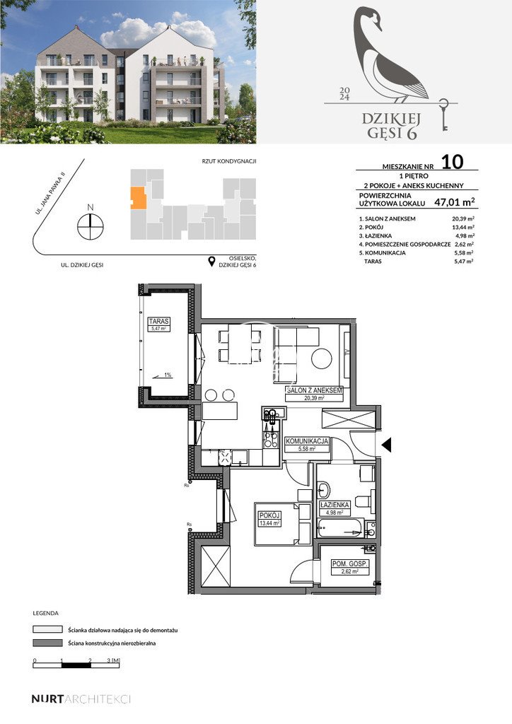 Przestronne 2-pokojowe mieszkanie w Osielsku, 47,57 m² Osielsko, Dzikiej Gęsi  48m2 Foto 1