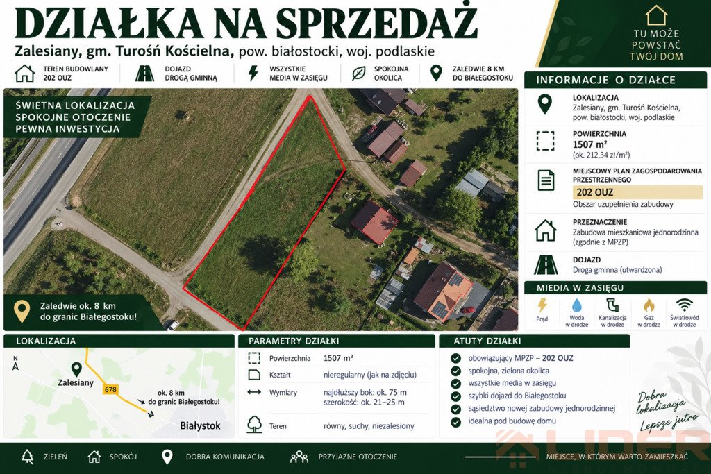 Działka budowlana 1507 m² w Zalesianach - szybki dojazd. Zalesiany  1 507m2 Foto 1