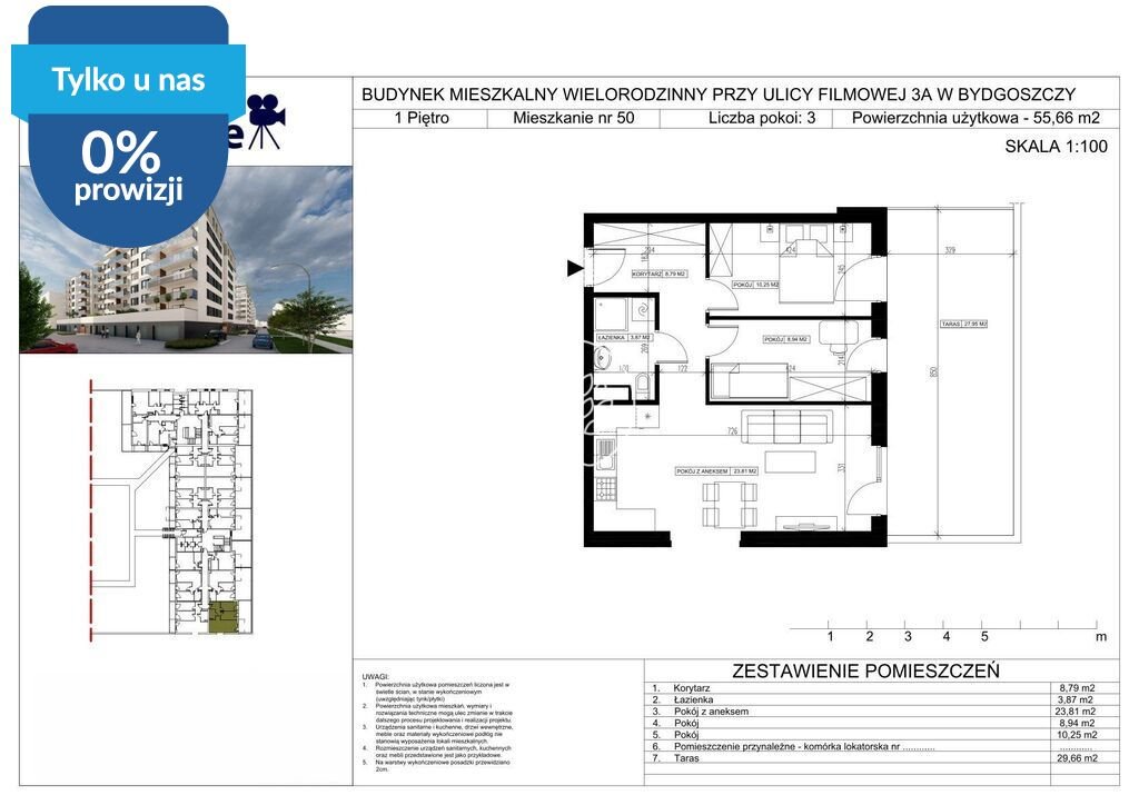 Sprzedam komfortowe 3-pokojowe mieszkanie 55,69 m² w Bydgoszczy Bydgoszcz, Bartodzieje Małe, Filmowa  56m2 Foto 1