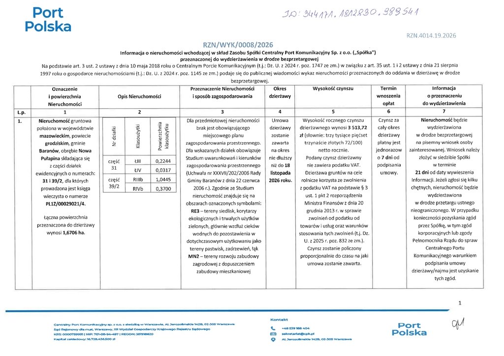 Działka do wynajęcia 16 706 m² w Nowej Pułapinie Nowa Pułapina  16 706m2 Foto 1