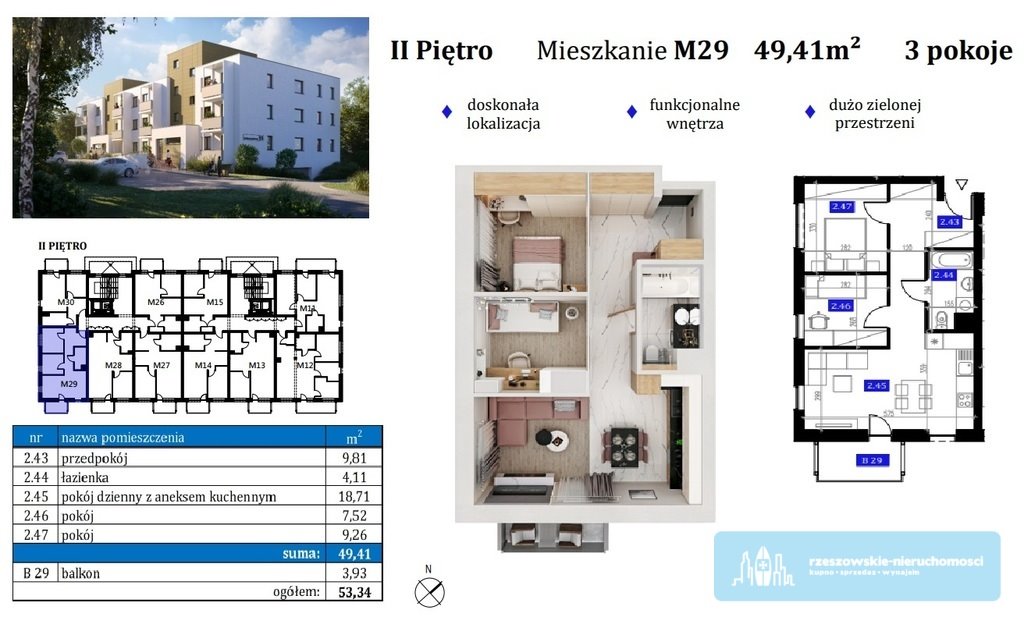 Mieszkanie trzypokojowe na sprzedaż Rzeszów, Aleksandra Zelwerowicza  50m2 Foto 1