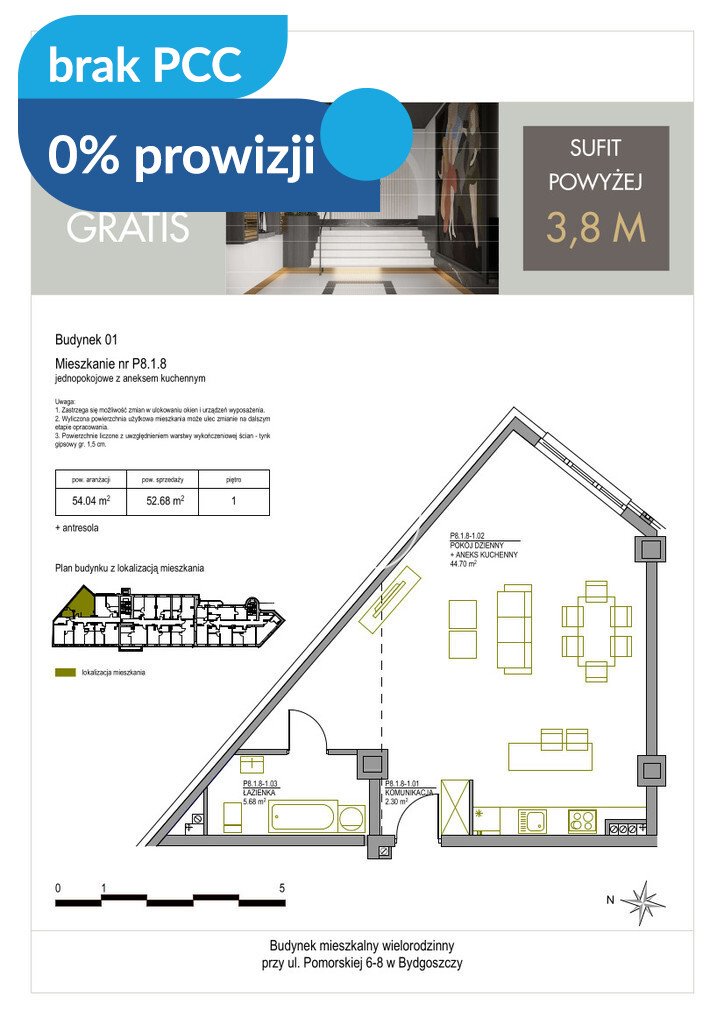 Przestronne 1-pokojowe mieszkanie z antresolą i panoramicznymi oknami. Bydgoszcz, Centrum, Pomorska  52m2 Foto 1