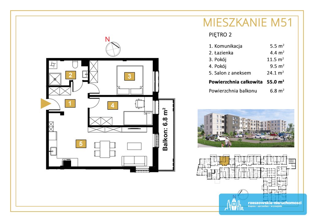 Mieszkanie trzypokojowe na sprzedaż Rzeszów, Staromieście  55m2 Foto 1
