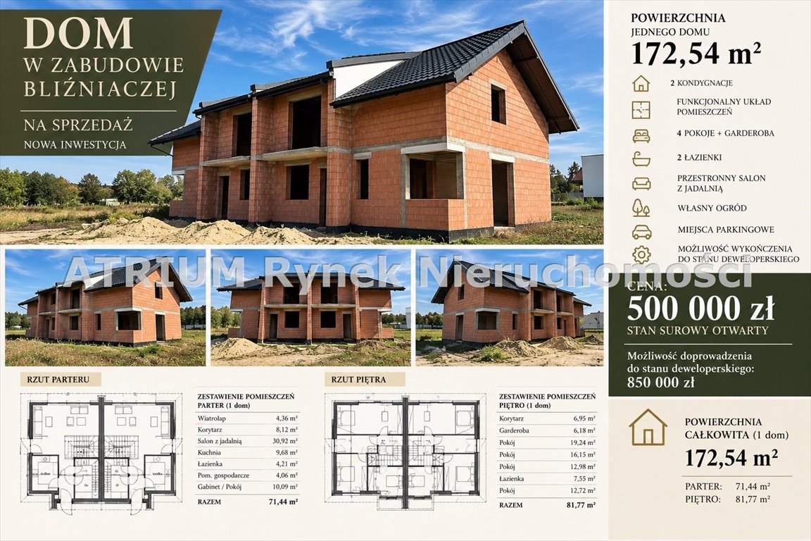 Dom bliźniaczy 172 m2 - stan deweloperski lub surowy Piotrków Trybunalski  173m2 Foto 1