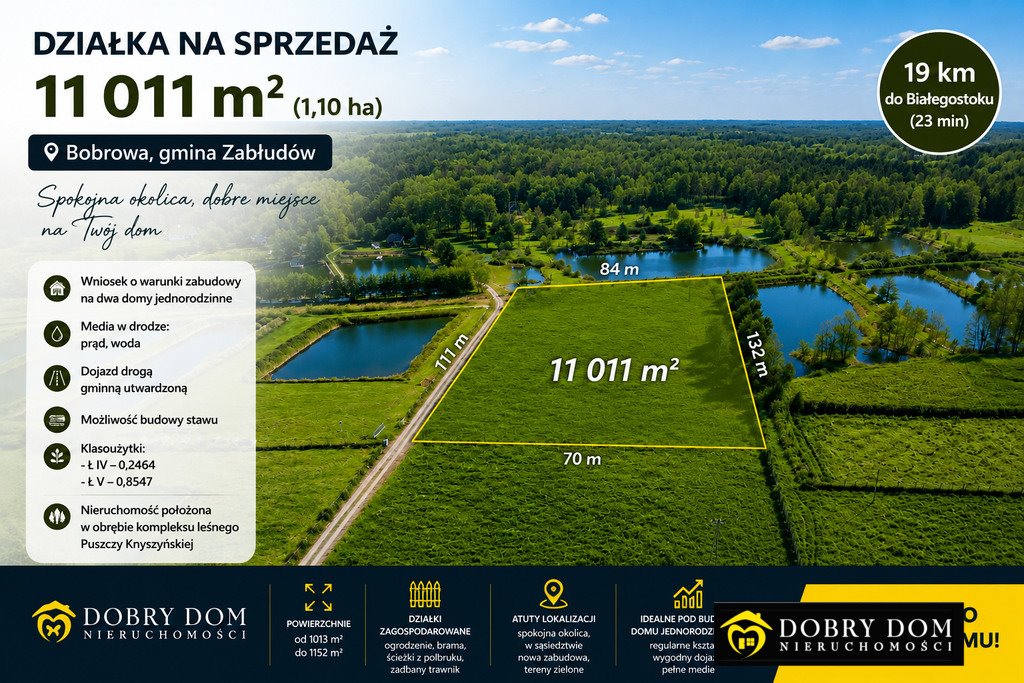 Działka 11 011 m² z warunkami zabudowy i stawem. Bobrowa  11 011m2 Foto 1