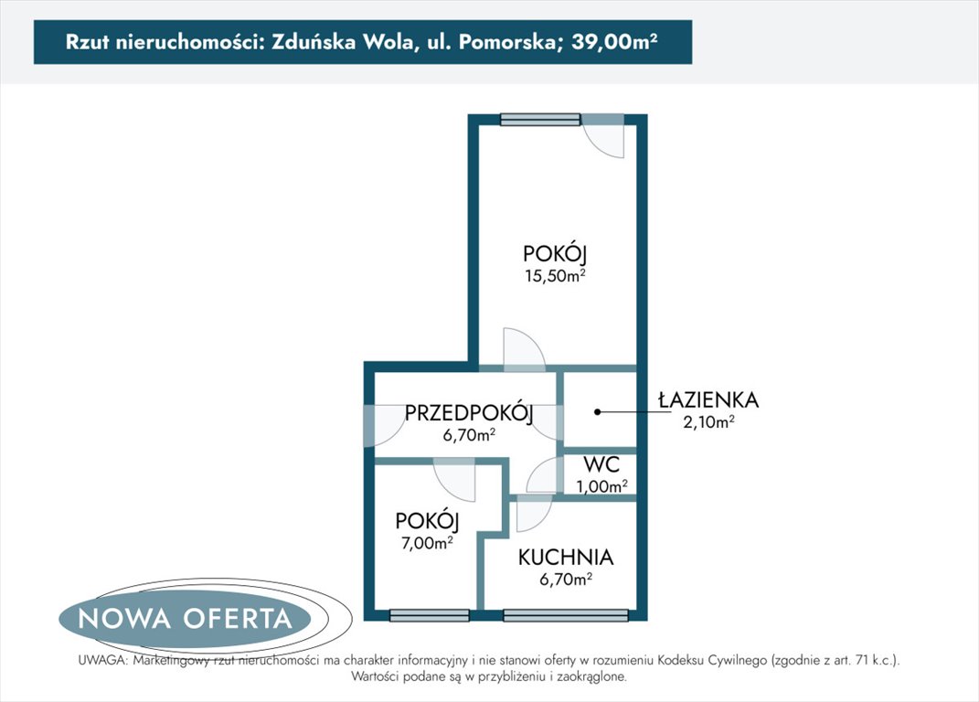 Mieszkanie dwupokojowe na sprzedaż Zduńska Wola, Pomorska  39m2 Foto 6