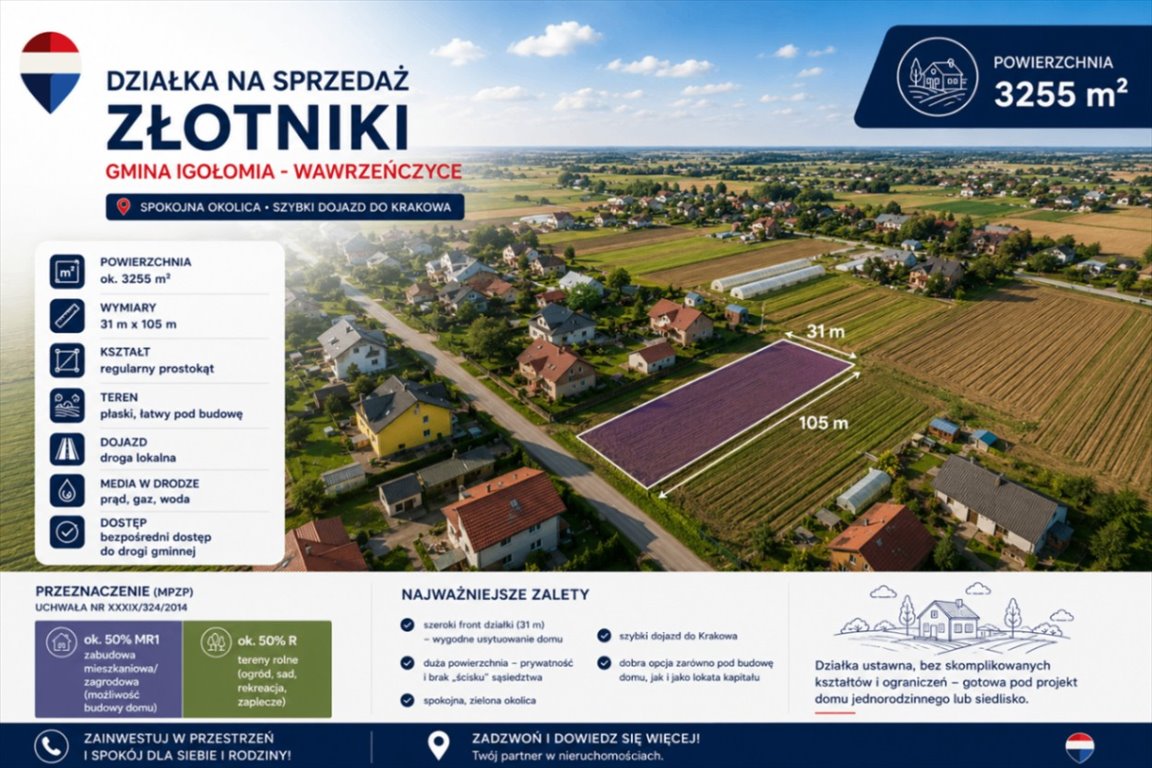 Działka 3 255 m² z szerokim frontem pod dom lub inwestycję Złotniki  3 285m2 Foto 1
