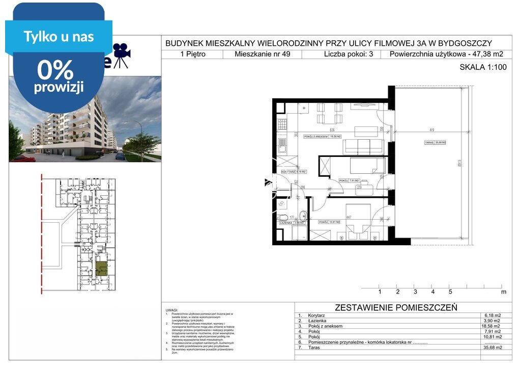 Do sprzedania przestronne 3-pokojowe mieszkanie 47,38 m² w Bydgoszczy Bydgoszcz, Bartodzieje Małe, Filmowa  47m2 Foto 1