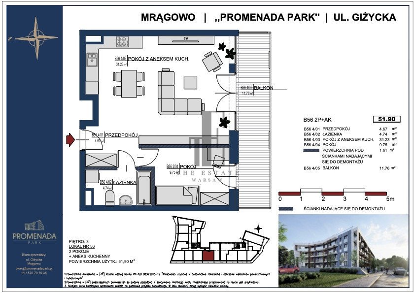 Mieszkanie dwupokojowe na sprzedaż Mrągowo, Giżycka  52m2 Foto 6