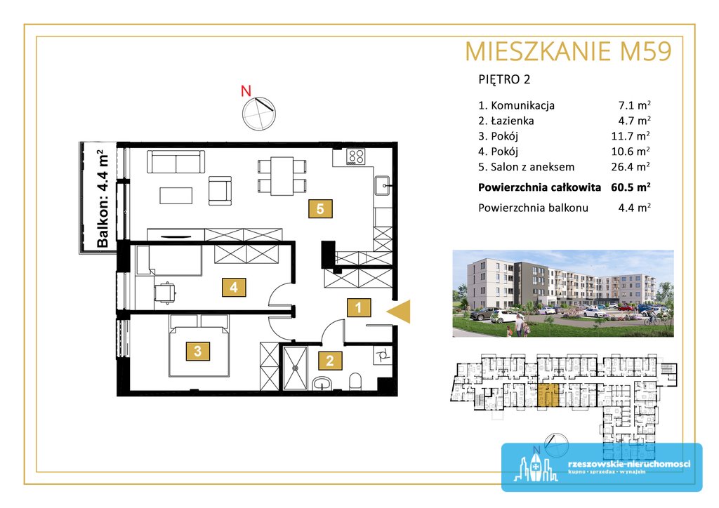 Mieszkanie trzypokojowe na sprzedaż Rzeszów, Staromieście, Warszawska  61m2 Foto 2
