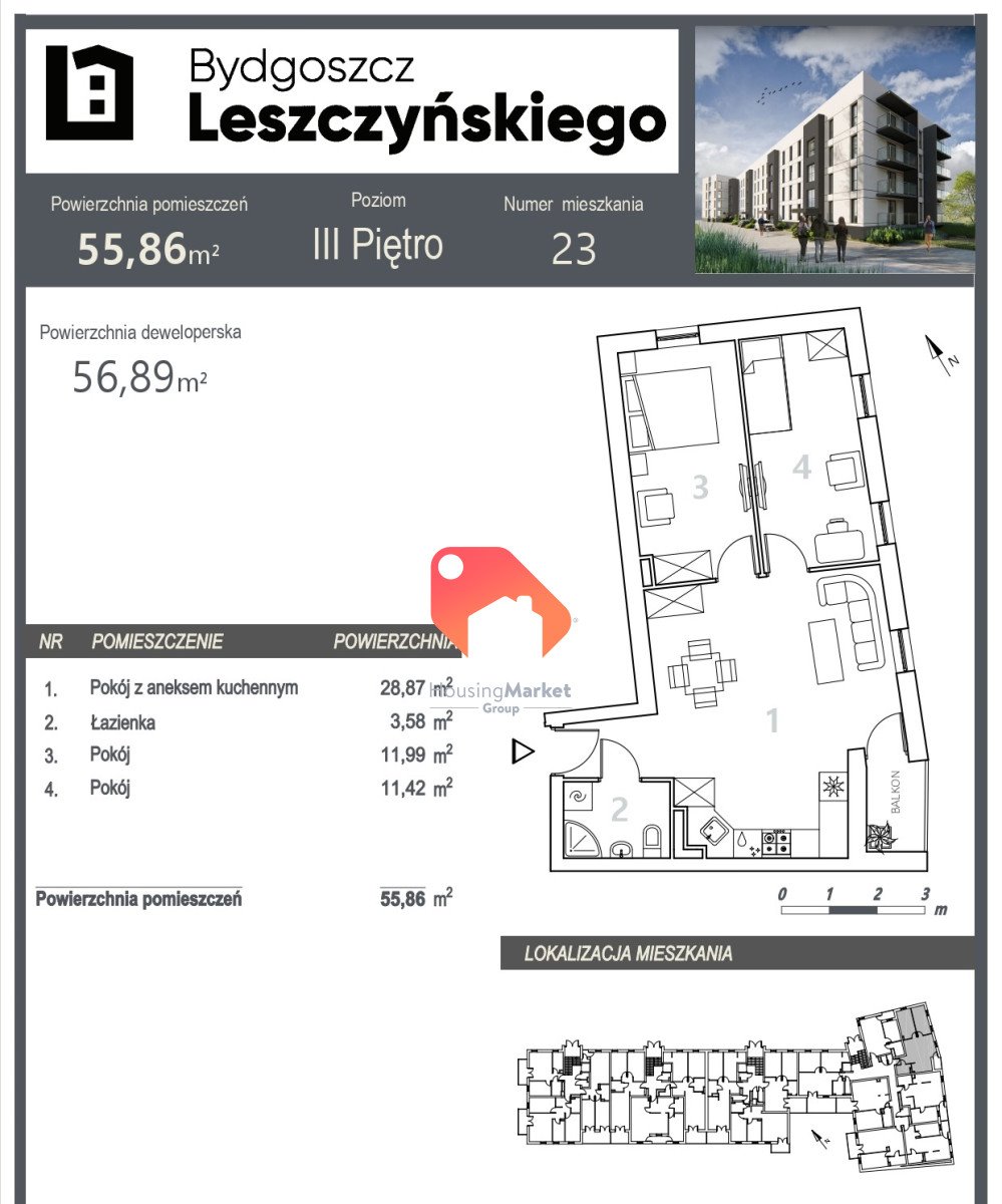 Mieszkanie trzypokojowe na sprzedaż Bydgoszcz, Szwederowo, Stanisława Leszczyńskiego  56m2 Foto 8