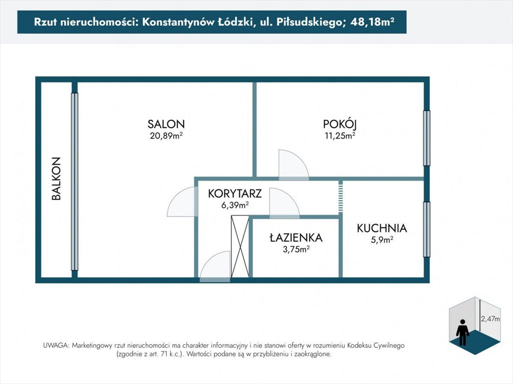 Mieszkanie dwupokojowe na sprzedaż Konstantynów Łódzki, marsz. Józefa Piłsudskiego  48m2 Foto 5