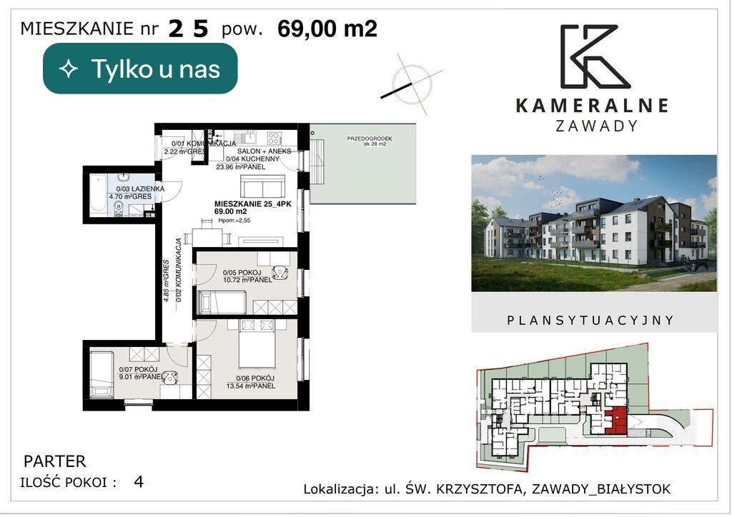 Nowoczesne 4-pokojowe mieszkanie z ogródkiem (69 m²) w Zawadach Białystok, Zawady  69m2 Foto 1