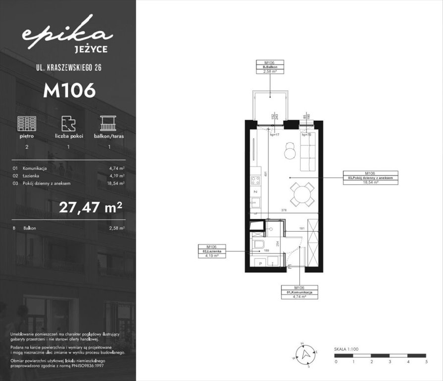 Atrakcyjny apartament 27,47 m² z balkonem w inwestycji Epika Jeżyce Poznań, Jeżyce, Józefa Kraszewskiego  27m2 Foto 1