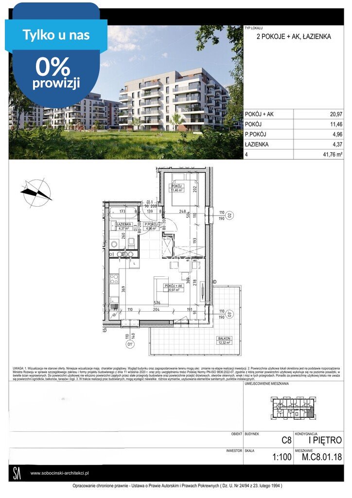Nowoczesne 2-pokojowe mieszkanie 41,76 m² w Fordonie - polecam! Bydgoszcz, Fordon, Fordońska  42m2 Foto 1
