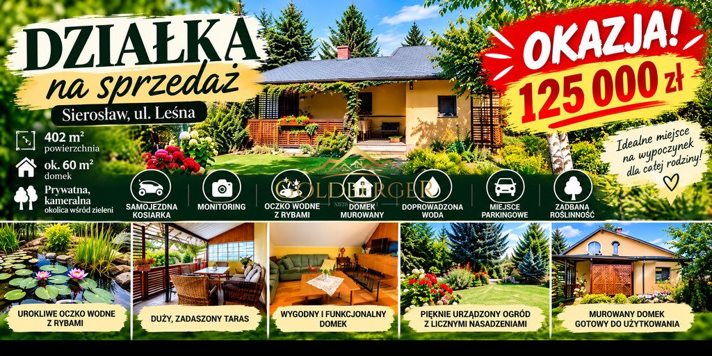 Działka z domkiem 60 m² (Sierosław, Leśna) z tarasem Sierosław, Leśna  402m2 Foto 1