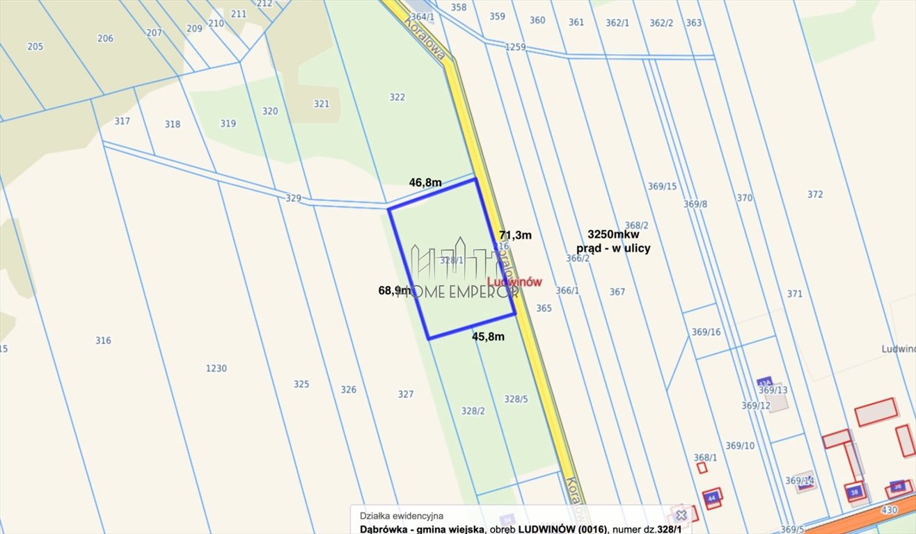 Zapraszam do zakupu działki 3249 m² w Ludwinowie z mediami w ulicy: Ludwinów: Koralowa