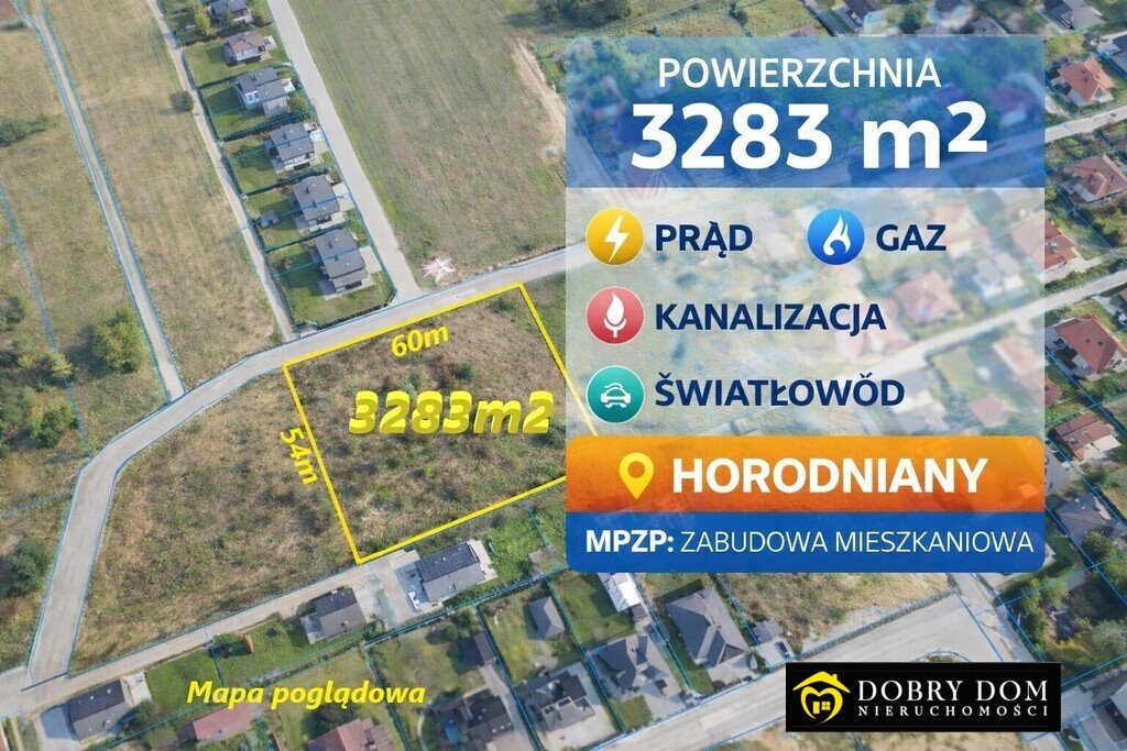 Do sprzedania działka 3283 m² z mediami pod dom w Horodnianach Horodniany  3 283m2 Foto 1