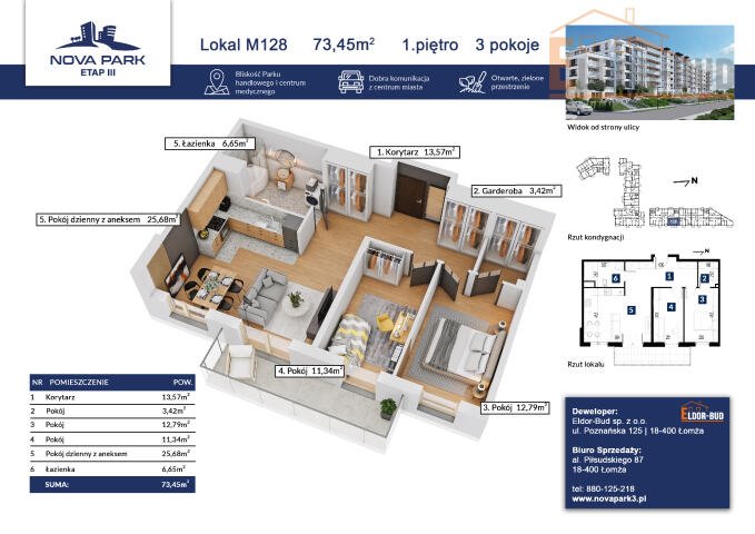 Mieszkanie trzypokojowe na sprzedaż Łomża, Akademicka  73m2 Foto 1
