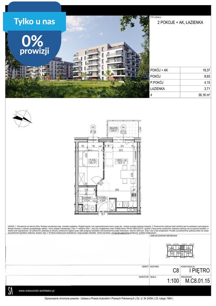 Na sprzedaż przestronne 2-pokojowe mieszkanie 36,16 m² w Fordonie Bydgoszcz, Fordon, Fordońska  36m2 Foto 1