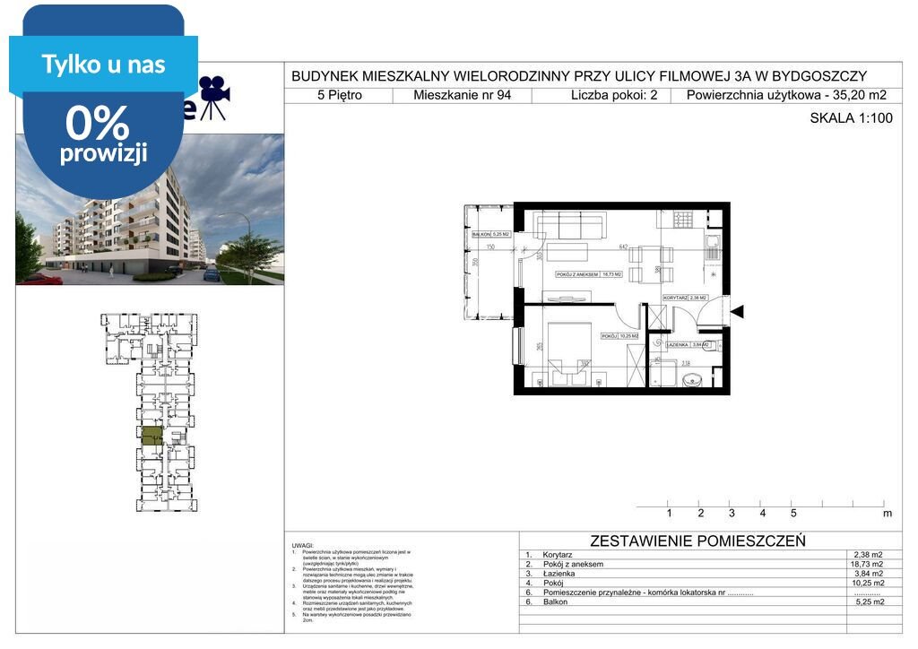 Na sprzedaż komfortowe 2-pokojowe mieszkanie 35,21 m² w Bydgoszczy Bydgoszcz, Bartodzieje Małe, Filmowa  35m2 Foto 1